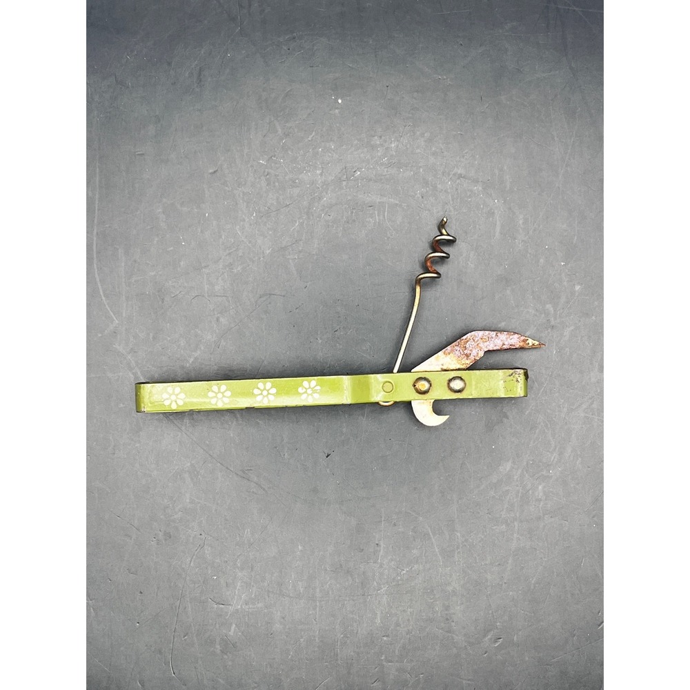 Vintage MCM Kitchen Multi Tool Can Bottle Opener Corkscrew Green Floral Retro‎